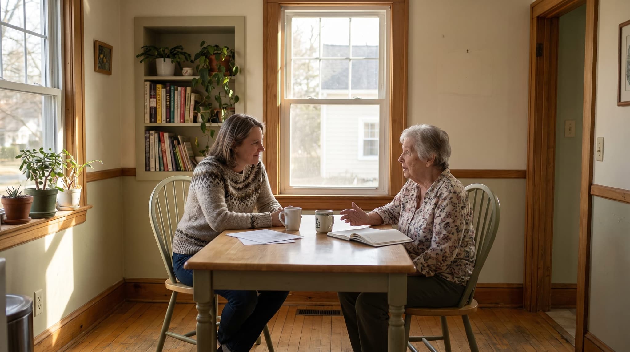 An adult daughter and her mother talking at a kitchen table